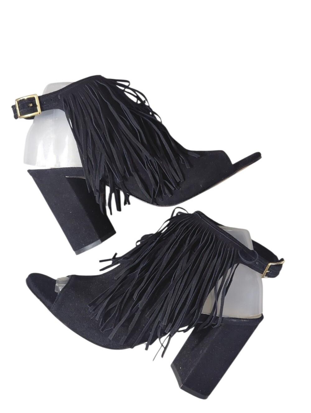 Vince Camuto Winiveer Black Suede Fringe Open-Toe Block Heel Sandals Size 8.5